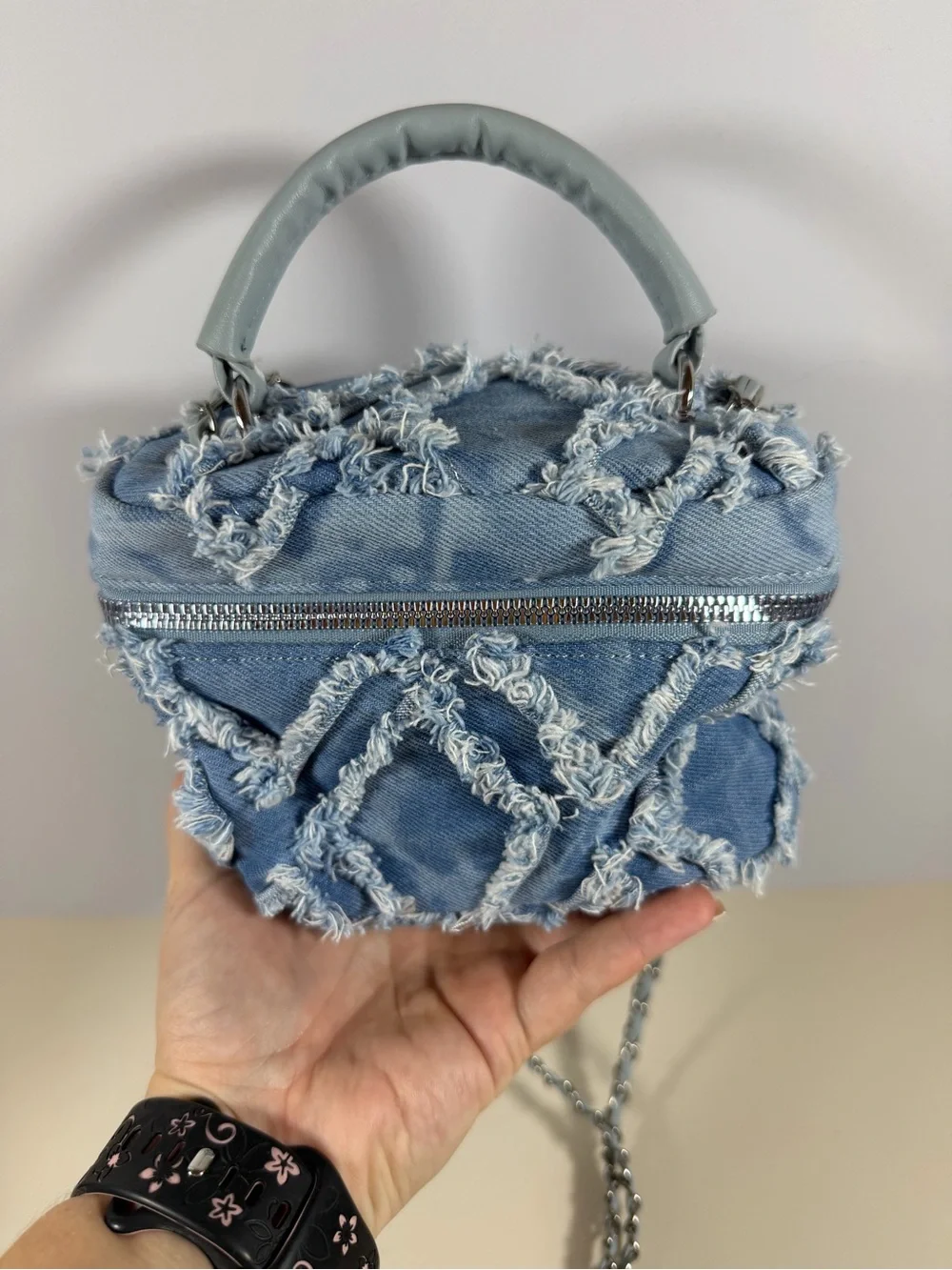 Source Unknown Distressed Denim Fringe Crossbody Bag - Blue